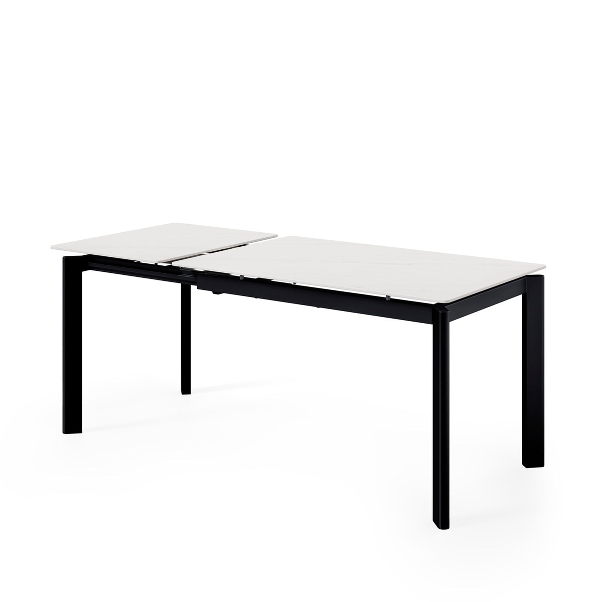 Mesa Alba blanco/negro, vista en tres cuartos con la extensión abierta