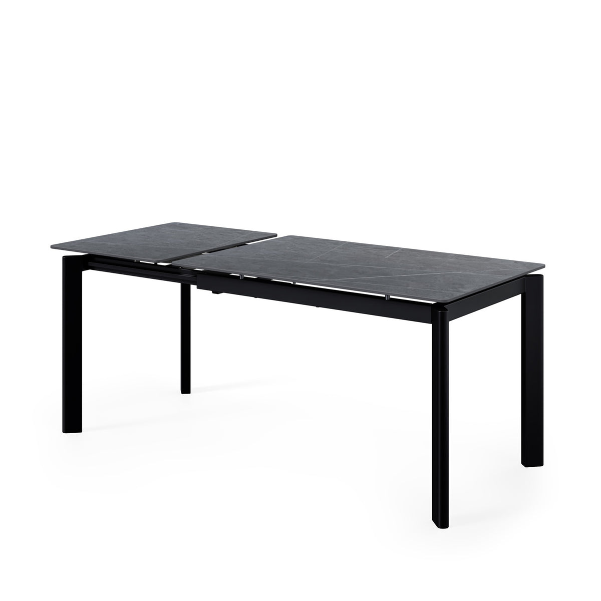 Mesa Alba gris/negro, vista en tres cuartos con la extensión abierta