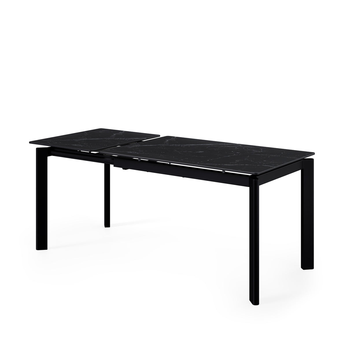 Mesa Alba negro/negro, vista en tres cuartos con la extensión abierta