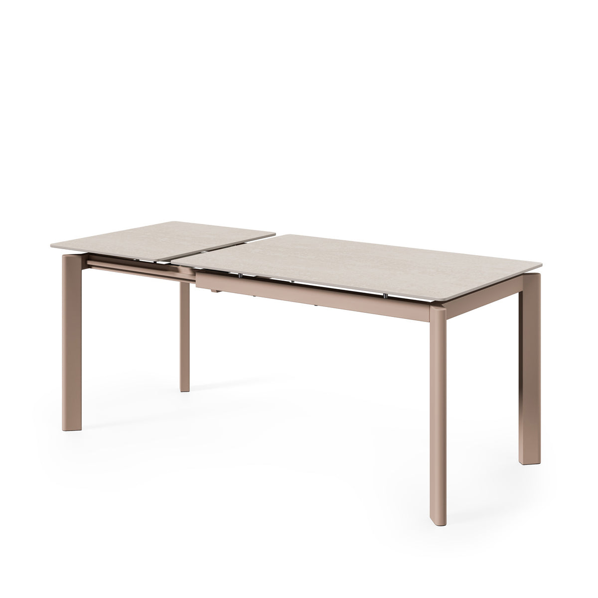 Mesa Alba travertino/beige, vista en tres cuartos con la extensión abierta
